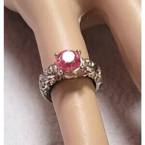 Vintage Silvertone Pink Crystal Solitaire Cocktail Ring Size 1 3/4 Midi Pinky